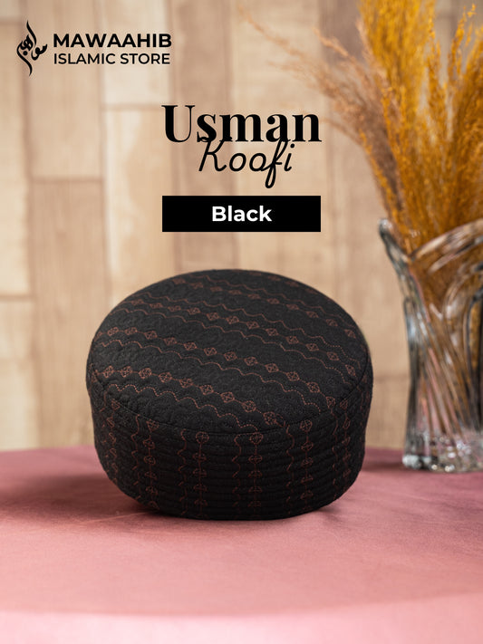 Black Usman Koofi by Mawaahib – Premium stitched Islamic cap, elegant texture