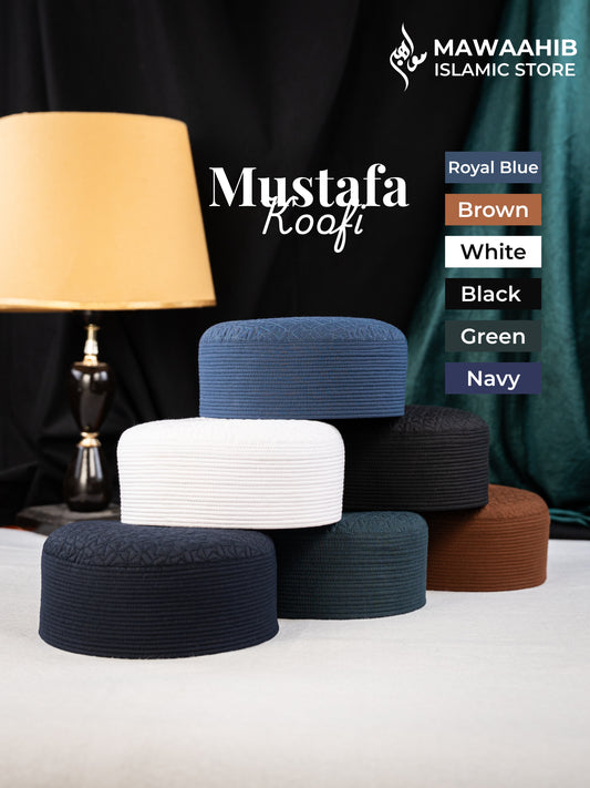 All colours of Mustafa Koofi by Mawaahib  black, navy, green, white – Premium stitched Islamic cap, elegant texture
