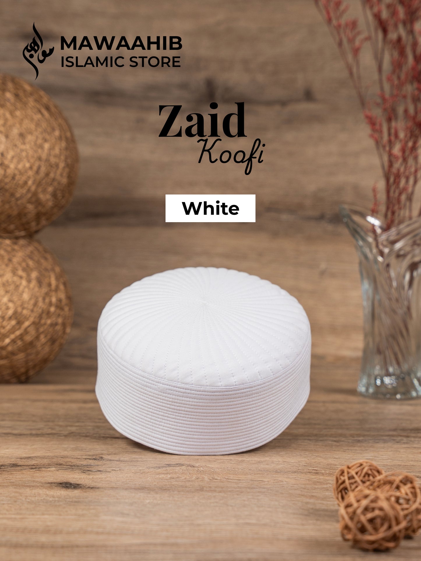 White Zaid Koofi by Mawaahib – Premium stitched Islamic cap, elegant texture