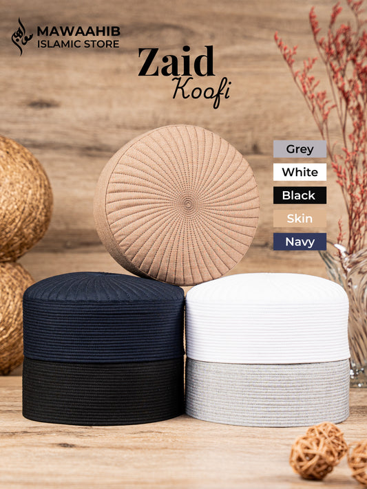 All Colours of Zaid Koofi by Mawaahib – Premium stitched Islamic cap, elegant texture. Black, Navy, Grey, White , Skin