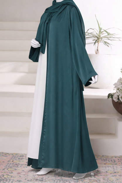 Premium jade abaya gown crafted from imported Romantic Nada fabric, featuring an elegant modest drape with matching dupatta.