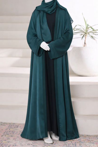Premium jade abaya gown crafted from imported Romantic Nada fabric, featuring an elegant modest drape with matching dupatta.