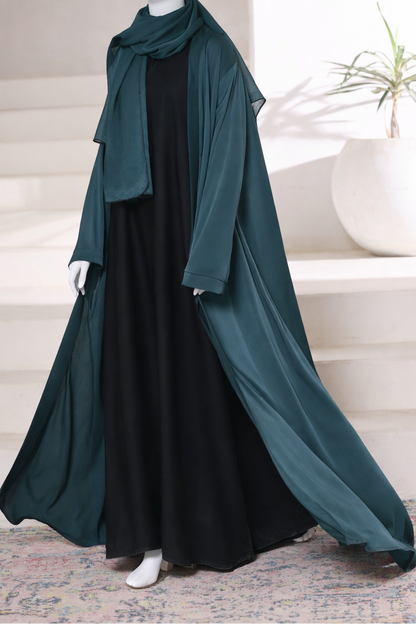 Premium jade abaya gown crafted from imported Romantic Nada fabric, featuring an elegant modest drape with matching dupatta.