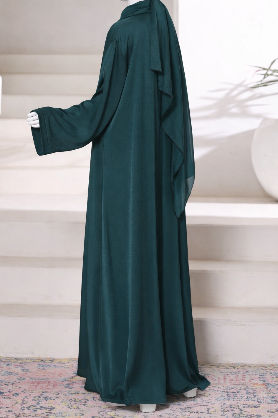 Premium jade abaya gown crafted from imported Romantic Nada fabric, featuring an elegant modest drape with matching dupatta.