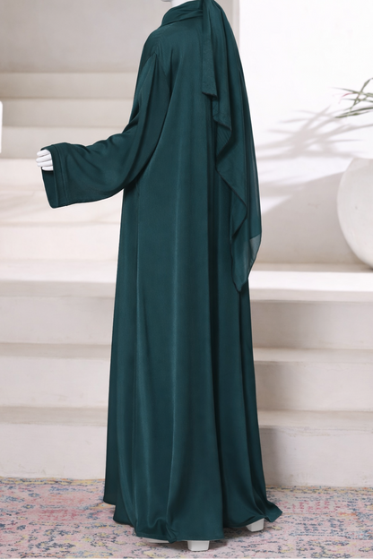 Premium jade abaya gown crafted from imported Romantic Nada fabric, featuring an elegant modest drape with matching dupatta.