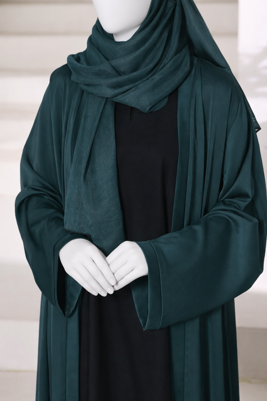 Premium jade abaya gown crafted from imported Romantic Nada fabric, featuring an elegant modest drape with matching dupatta.