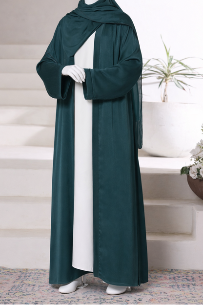 Premium jade abaya gown crafted from imported Romantic Nada fabric, featuring an elegant modest drape with matching dupatta.