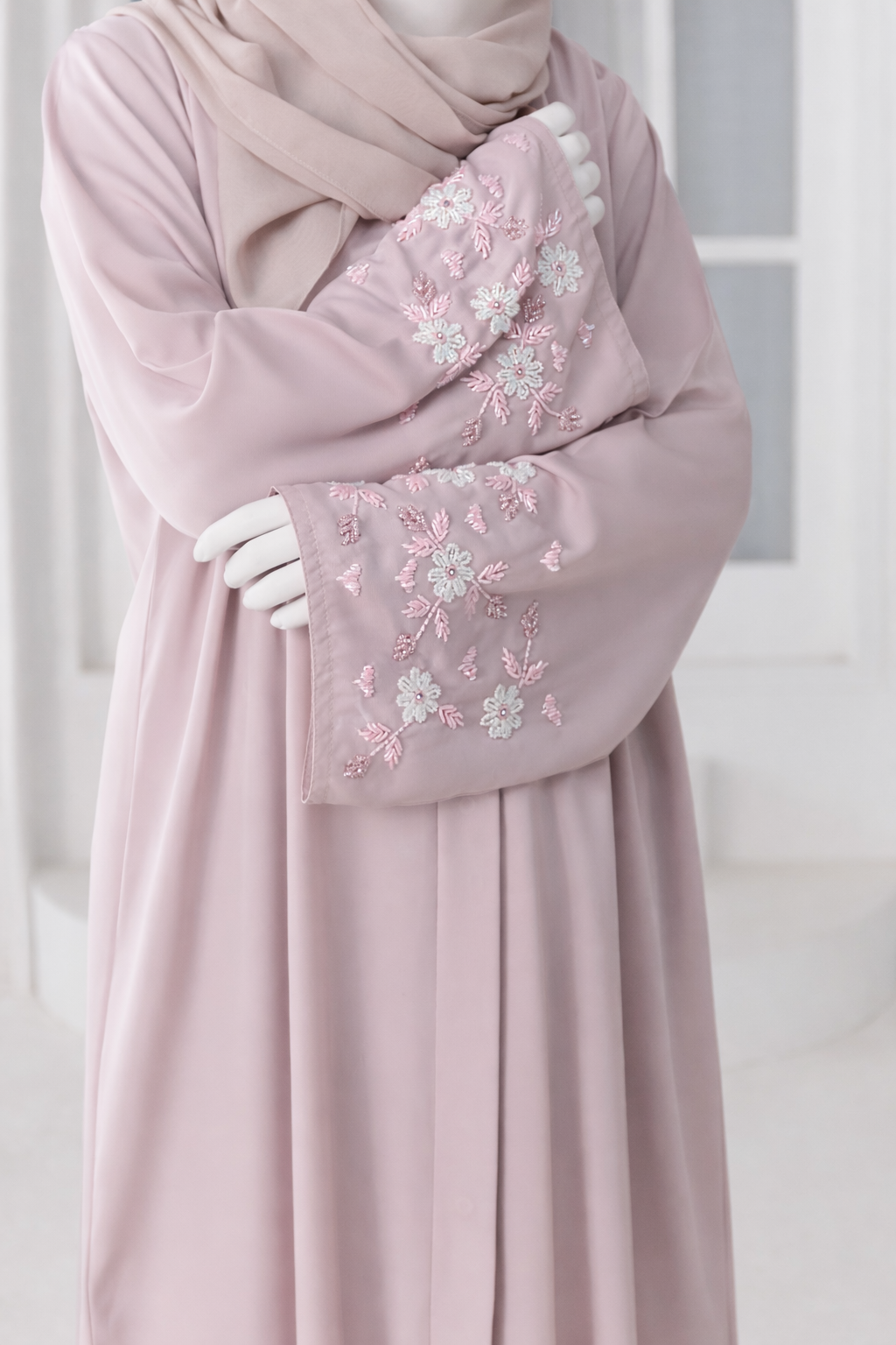 Premium abaya made from imported Nida fabric with elegant modest drape, available in multiple lengths and sizes, including matching dupatta.