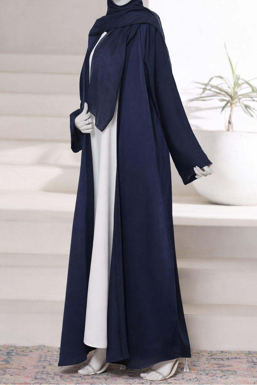 Premium navy abaya gown crafted from imported Romantic Nada fabric, featuring an elegant modest drape with matching dupatta.