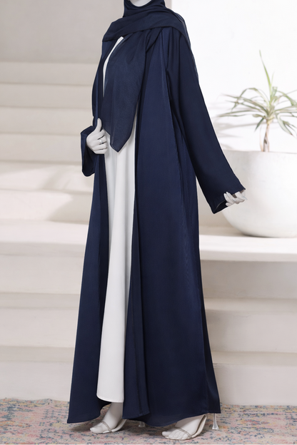 Premium navy abaya gown crafted from imported Romantic Nada fabric, featuring an elegant modest drape with matching dupatta.
