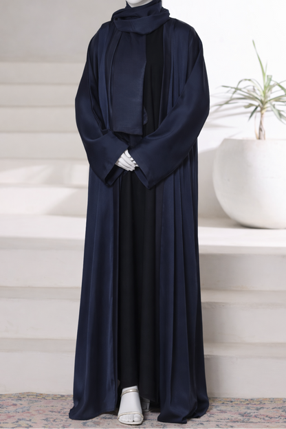 Premium navy abaya gown crafted from imported Romantic Nada fabric, featuring an elegant modest drape with matching dupatta.