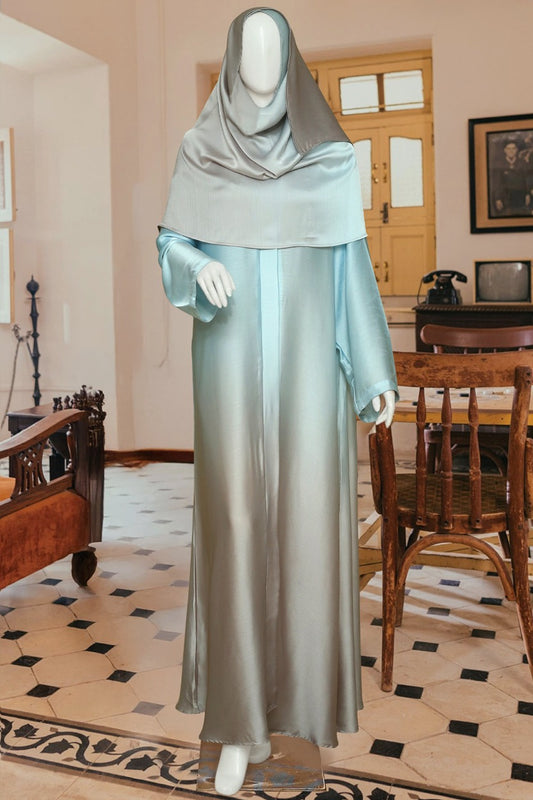 Ferozi Tye n Dye Abaya by Mawaahib – Crinkle Silk, bold & light dual-shade design with matching dupatt